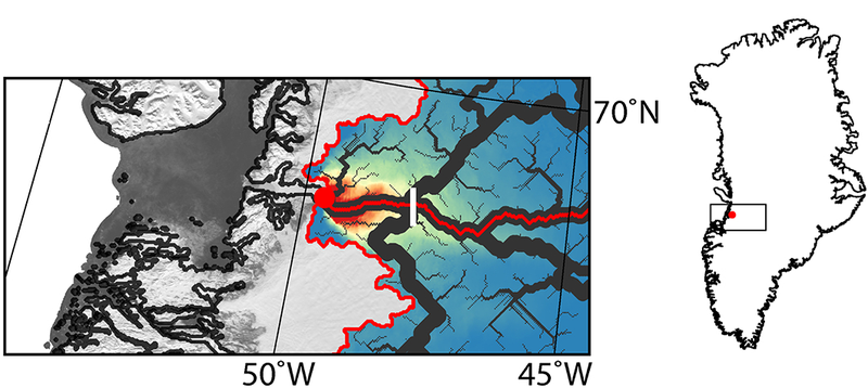 A close-up of the basin outlet (left) and its location on Greenland (right).
